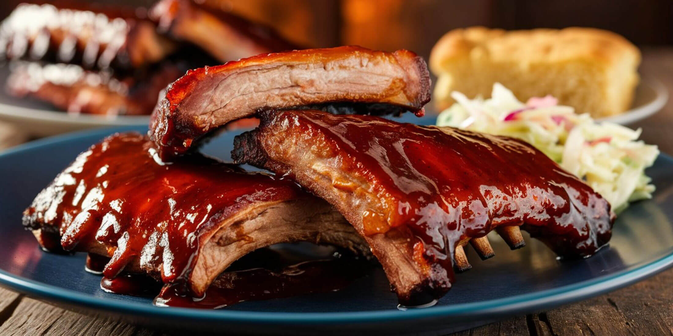 Plate of glazed pork ribs with coleslaw